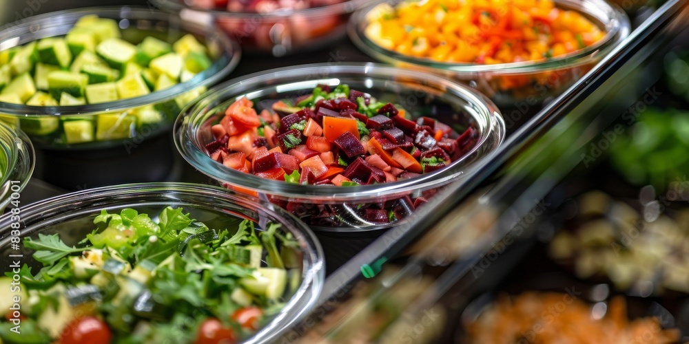 Minimalistic composition: bowls of mixed fresh organic vegetables in modern salad bar display