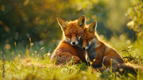 A pair of foxes playing in a meadow, their orange fur contrasting beautifully with the green grass. 8k, full ultra HD, high resolution, cinematic photography