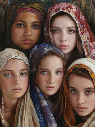 groupe de jeunes femmes de diffÃ©rentes ethnies reprÃ©sentant ensemble la diversitÃ© des peuples du monde hyper realistic  photo