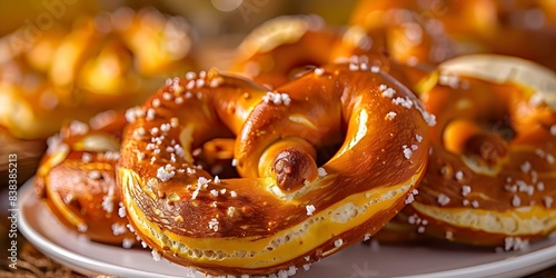 Golden brown Bavarianstyle soft pretzel on white background perfectly twisted and salted. Concept Food Photography, Pretzel Presentation, Bakery Delights, Bavarian Cuisine, Golden Brown Treats
