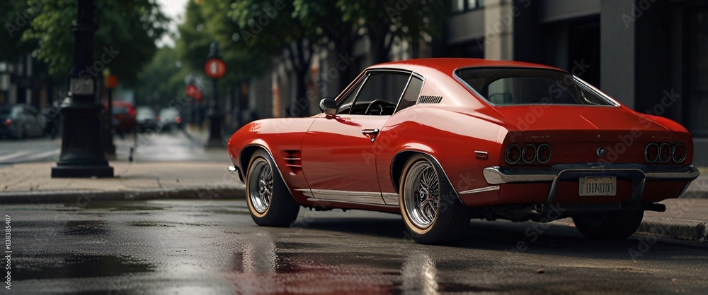 Obraz premium red classic car facing the camera, minimalist, deadpan, banal, cool, clinical, urban, iconic, conceptual, subversive, sparse, restrained, symbol