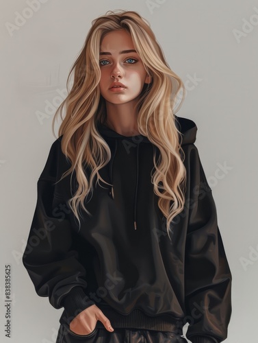 jolie jeune femme blonde avec les cheveux attachÃ©s portant un sweatshirt noir avec col en 