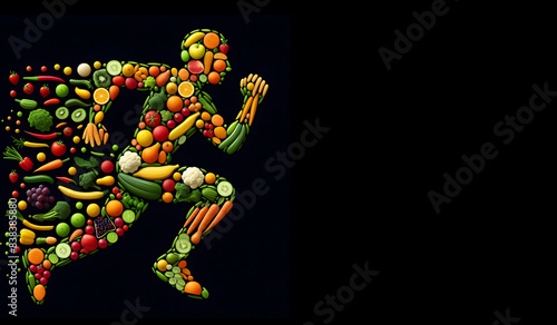 Illustration of a running man made from fruits and vegetables on a black background, symbolizing healthy food and lifestyle
