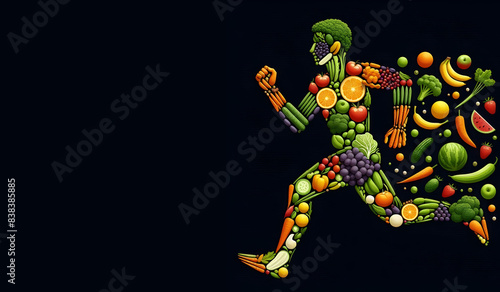 Illustration of a running man made from fruits and vegetables on a black background, symbolizing healthy food and lifestyle