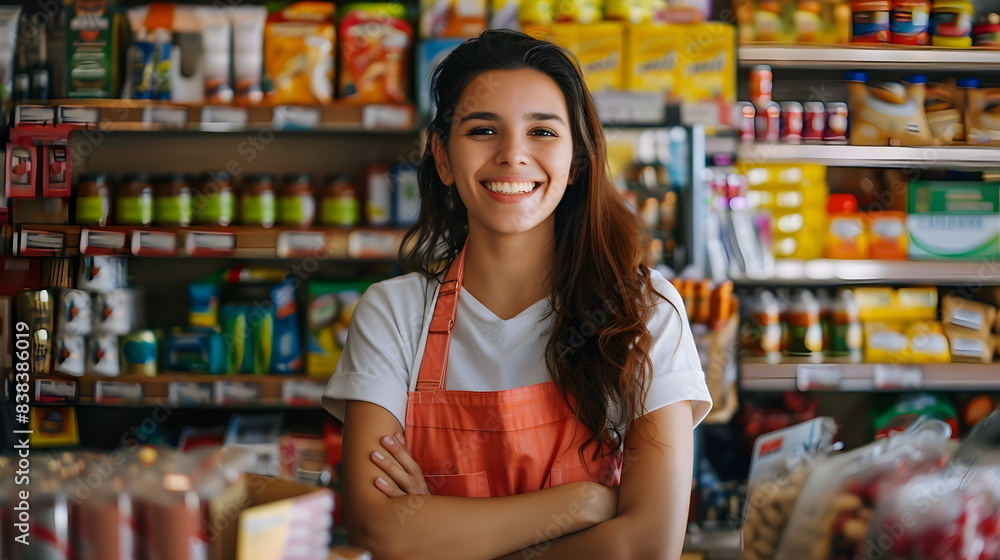 smiling young woman portrait in grocery