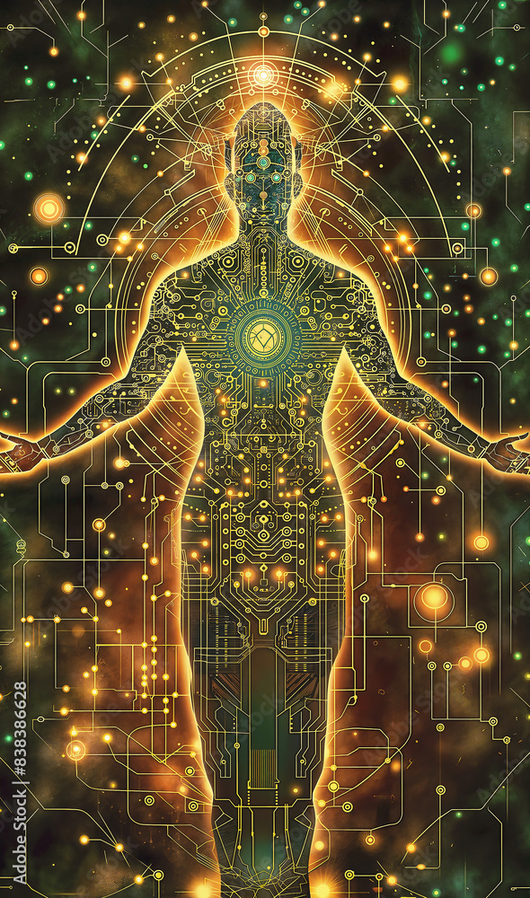 Human-like figure composed of digital and cybernetic elements resembling a circuit board set against a backdrop of circuit-like patterns and glowing green and orange hues. Human-like figure composed of digital and cybernetic elements resembling a circuit board set against a backdrop of circuit-like patterns and glowing green and orange hues.