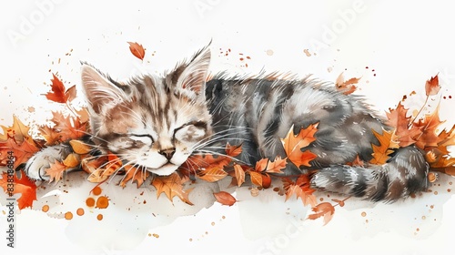 A watercolor painting of a tabby cat sleeping on a bed of fallen leaves