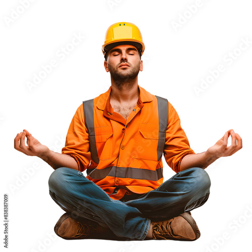 A construction worker in a hard hat meditating in a lotus position, isolated on a transparent background
