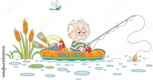 Funny experienced elderly fisherman sitting in an inflatable boat with a fishing-rod and catching fishes in reeds of a small lake on a summer day, vector cartoon illustration on a white background