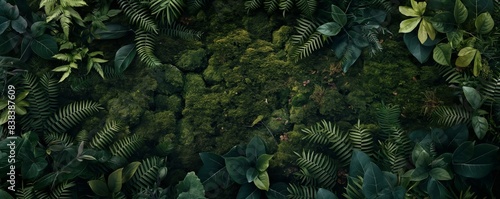 Forest Floor Foliage, Overhead View of Moss, Ferns, and Leaves in Dark Green, Photo Realistic Image