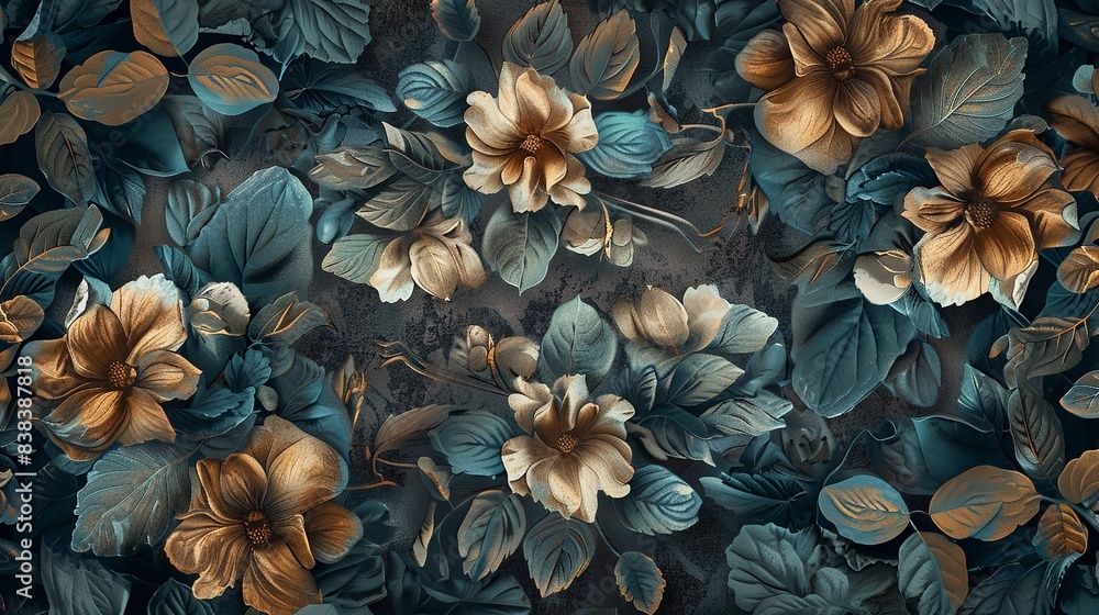 Fototapeta premium Gorgeous fantasy vintage wallpaper with a botanical flower gold leaf bunch and a vintage design for a digital background of flowers, Generative AI.