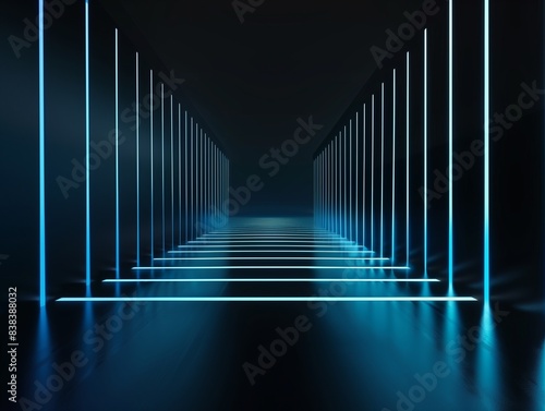 Dark Empty Scene with Blue Light Rays on a Black Background,Minimalistic Futuristic Abstract Wallpaper with Glowing Lines