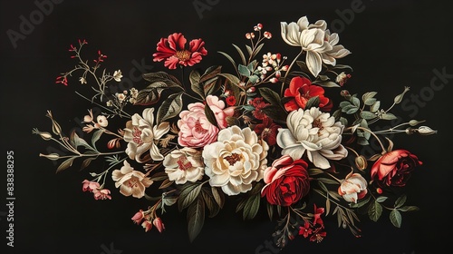 Gorgeous flowers in an antique bouquet on a dark backdrop, Generative AI. photo