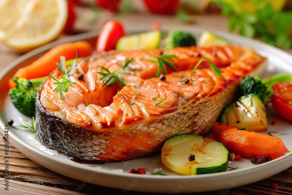 Grilled salmon steak and veggies on a wooden table, Generative AI. Grilled salmon steak and veggies on a wooden table, Generative AI.