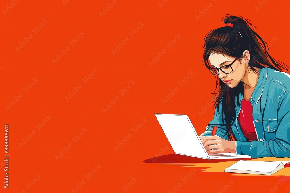 Happy young woman taking notes on her laptop while seated at her desk. Banner lacking any copy space, Generative AI. Happy young woman taking notes on her laptop while seated at her desk. Banner lacking any copy space, Generative AI.