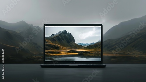Ideal as a computer or laptop screen saver, this laptop features a landscape screen on a grey background, Generative AI.