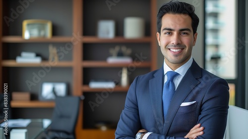 Smiling elegant confident young professional Latino hispanic business man, company manager executive looking at camera standing in office, generative AI.