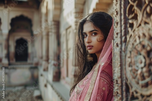 Wearing a classic pink maxi robe, a young Indian woman, Generative AI. © Lipy