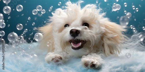 Maltipoo dog getting bathed with soap bubbles grooming and cleaning. Concept Dog Grooming, Bath Time, Maltipoo Breed, Soap Bubbles, Cleaning Essentials
