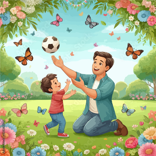 Father's Day beautiful nice natural outdoor playground joyful happy momentum concept idea green colorful design background, Lovely drawing art of father kids dad love and care in nature, Vector   