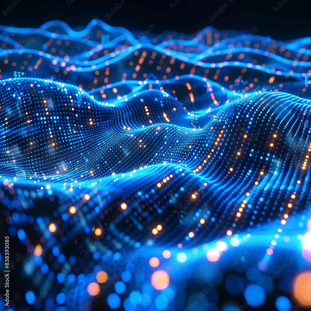Abstract digital landscape with flowing lines of light and glowing particles, representing data and technology in vibrant blue and orange. 3D Illustration. Abstract digital landscape with flowing lines of light and glowing particles, representing data and technology in vibrant blue and orange. 3D Illustration.