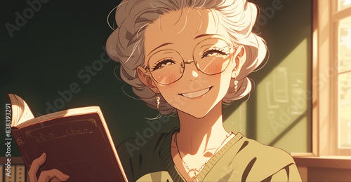 Wise Teacher in Anime Style with Glasses Holding Book and Smiling Against Classroom Chalkboard Background