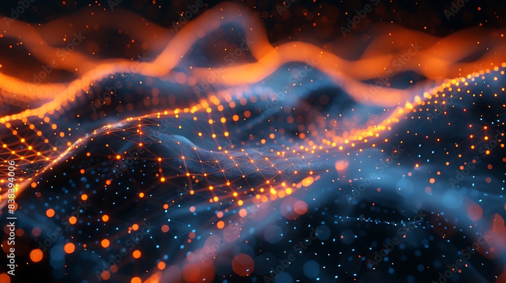 Abstract digital landscape with glowing particles and waves in vibrant ...