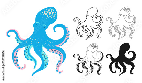 Sea octopus cartoon hand drawn sign set. Ocean cute octopus underwater swimming animal with tentacles flat silhouette, symbol linear design. Comic marine animal for children vector illustration