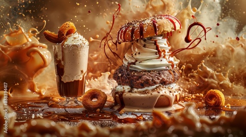 Decadent donut burger with milkshake and caramel splash, capturing the essence of indulgent gourmet comfort food in a dramatic scene. photo