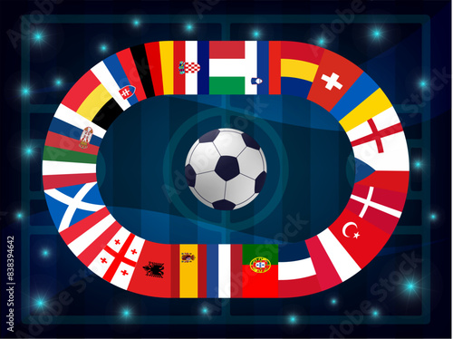 Concept of  football cup 2024. Design of a stylish football championship background. Vector realistic 3d ball and flags of all countries participating in the competition. Design element for cards, inv