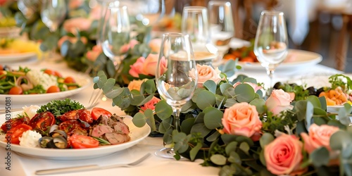 Wedding table adorned with pink eucalyptus floral garland and Italian cuisine. Concept Wedding Decor  Floral Garland  Italian Cuisine  Table Setting  Wedding Reception