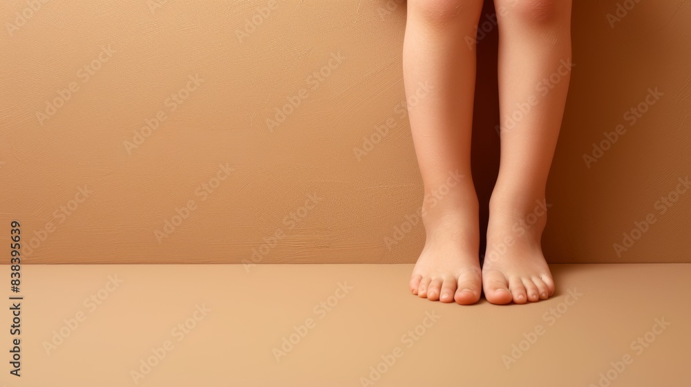 Barefoot child's feet on a peach-colored background Barefoot child's feet on a peach-colored background