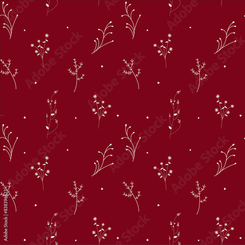 Endlos-Muster, zarte Muster aus Gräser, Blumen und Samen auf schönem Weinrot, handgezeichnet