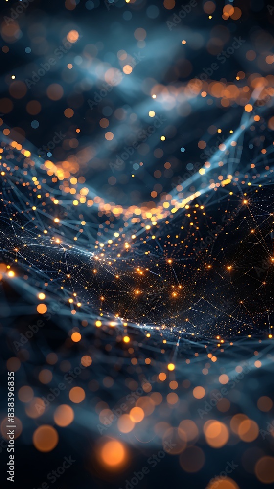 Obraz premium Abstract digital network with glowing orange and blue lights symbolizing data, connections, and modern technology. Futuristic background. 3D Illustration.
