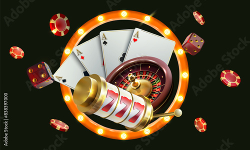 Vector illustration of gambling. Roulette wheel, playing chips, dice, poker cards, retro  retro. Casino advertising template