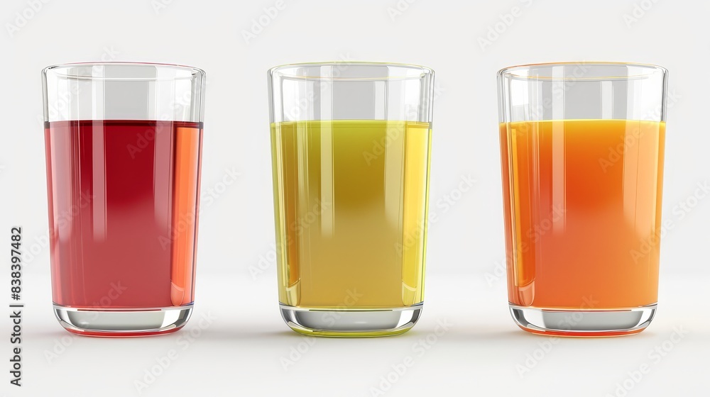 Assorted fruit juices in glasses, isolated on white background, photorealistic, dynamic, blend mode, minimalistic design Assorted fruit juices in glasses, isolated on white background, photorealistic, dynamic, blend mode, minimalistic design