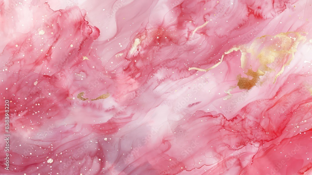 Fototapeta premium Pink watercolor fluid painting design. Gold paint splatter on it.