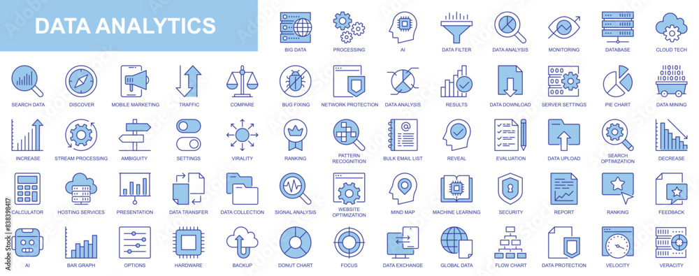 Data analytics web icons set in duotone outline stroke design. Pack pictograms with processing, ai, analysis, monitoring, database, cloud tech, marketing, traffic, result, server. Vector illustration. Data analytics web icons set in duotone outline stroke design. Pack pictograms with processing, ai, analysis, monitoring, database, cloud tech, marketing, traffic, result, server. Vector illustration.