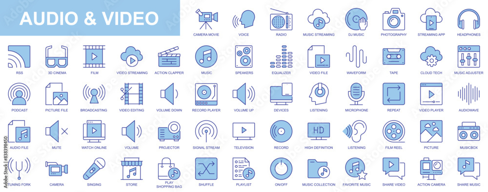 Audio and video web icons set in duotone outline stroke design. Pack pictograms with camera, movie, music, streaming, photography, headphones, cinema, action clapper, equalizer. Vector illustration. Audio and video web icons set in duotone outline stroke design. Pack pictograms with camera, movie, music, streaming, photography, headphones, cinema, action clapper, equalizer. Vector illustration.
