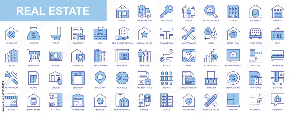 Real estate web icons set in duotone outline stroke design. Pack pictograms with house, moving, key, condo, insurance, garage, budget, pool, agent, rooms, maintenance, loan, rent. Vector illustration. Real estate web icons set in duotone outline stroke design. Pack pictograms with house, moving, key, condo, insurance, garage, budget, pool, agent, rooms, maintenance, loan, rent. Vector illustration.