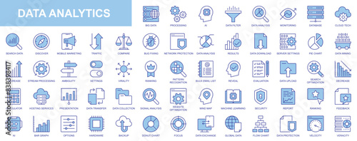 Data analytics web icons set in duotone outline stroke design. Pack pictograms with processing, ai, analysis, monitoring, database, cloud tech, marketing, traffic, result, server. Vector illustration.
