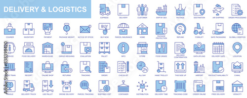 Delivery and logistics web icons set in duotone outline stroke design. Pack pictograms with package, destination, air shipping, order, processing, courier, payment, parcel, cargo. Vector illustration.