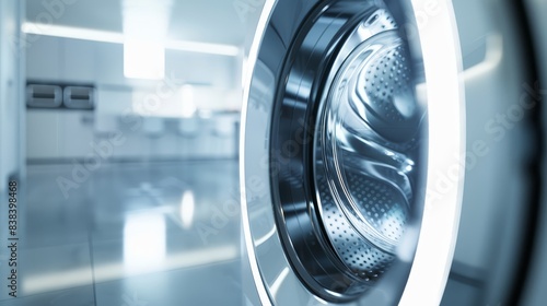 Close-up of a washing machine in a sleek kitchen, sharp lighting, white background, metal textures, minimalistic design, photorealistic, ethereal, double exposure, high-end interior