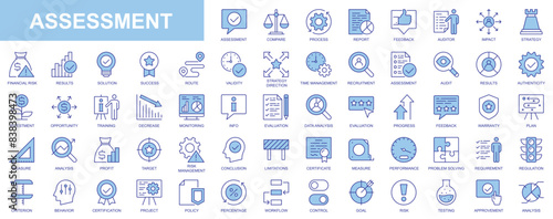 Assessment web icons set in duotone outline stroke design. Pack pictograms with compare, process, report, feedback, auditor, impact, strategy, financial risk, solution, success. Vector illustration.