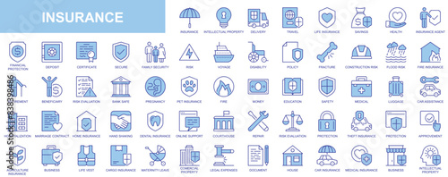 Insurance web icons set in duotone outline stroke design. Pack pictograms with secure for intellectual property, delivery, life, travel, savings, health, financial, pet, family. Vector illustration.