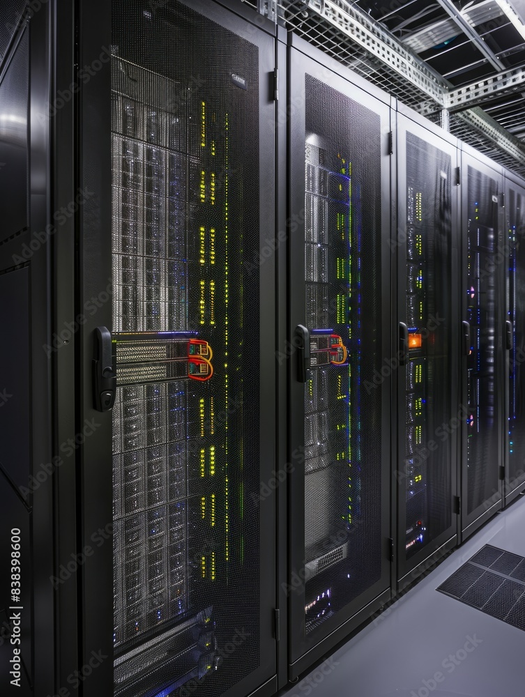 A picture of a server room with a row of servers. This image can be used to depict technology, data storage, network infrastructure, or the concept of cloud computing hyper realistic A picture of a server room with a row of servers. This image can be used to depict technology, data storage, network infrastructure, or the concept of cloud computing hyper realistic