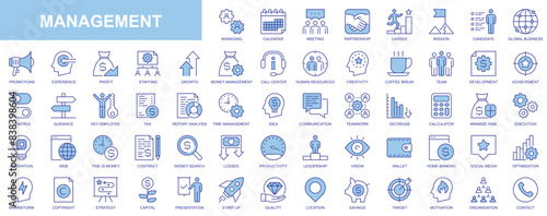 Management web icons set in duotone outline stroke design. Pack pictograms with calendar, meeting, partnership, career, candidate, global business, promotion, profit, experience. Vector illustration.