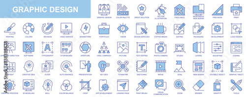 Graphic design web icons set in duotone outline stroke design. Pack pictograms with color palette, content, freelance, print, painting, brainstorm, portfolio, creative idea, tool. Vector illustration.