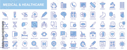 Medical and healthcare web icons set in duotone outline stroke design. Pack pictograms with ambulance, hospital, pharmacy, microscope, vaccination, help, prescription, diagnostic. Vector illustration.
