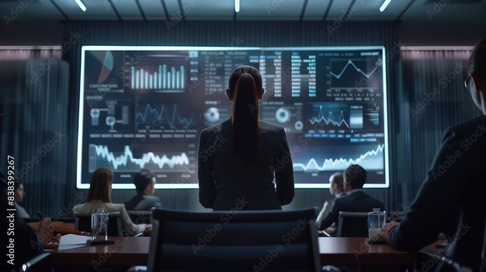 A realistic image of a businesswoman presenting a financial plan, large screen displaying complex financial data, corporate conference room setting, attentive audience. Bright office lighting, A realistic image of a businesswoman presenting a financial plan, large screen displaying complex financial data, corporate conference room setting, attentive audience. Bright office lighting,